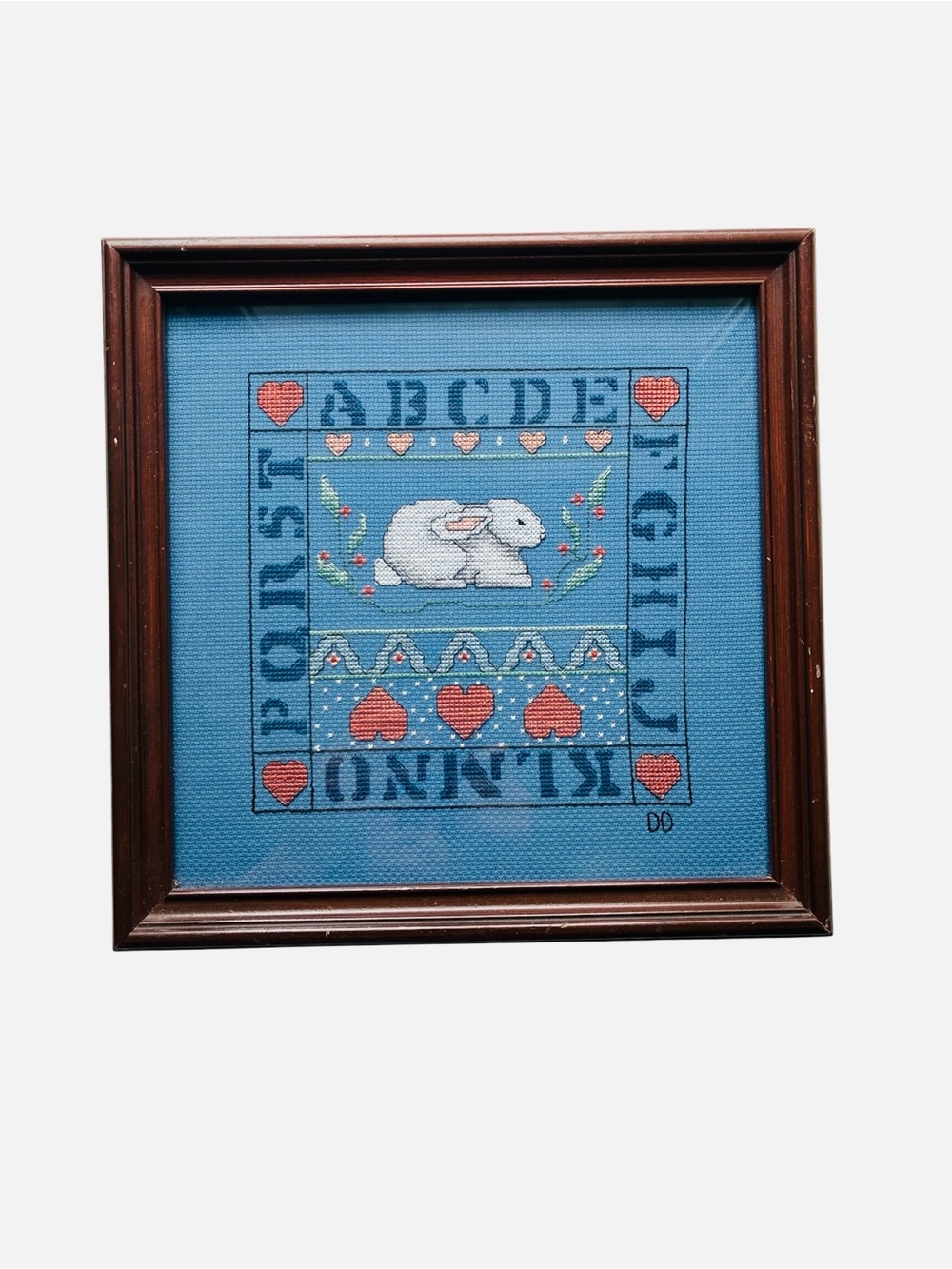 Vintage Framed Cross-Stitch Bunny Completed Sampler Professionally Framed
